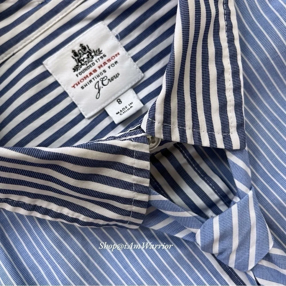 J.Crew Rare Thomas Mason Blue Stripe Tie-Neck Italian Cotton Button Down Shirt